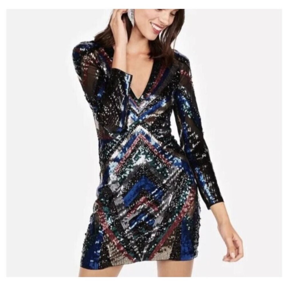 size XS Express dress sequin mini v-neck bodycon‎ cocktail/party Short mini NWT - Picture 2 of 10